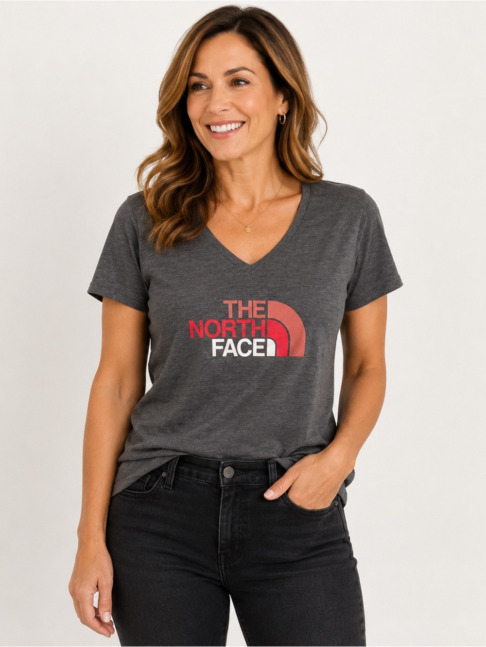 The North Face Women’s Charcoal V-Neck Logo Tee - Gray with Red Accent Size XXL
